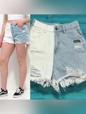 Broken Promises Two-Tone White & Light Blue Distressed Denim Shorts
